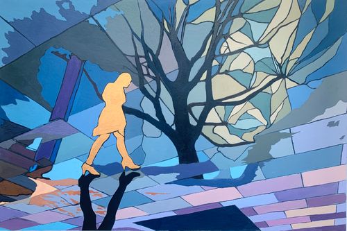 Painting of a women walking along in the shadows of a tree.