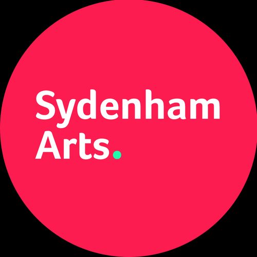 Sydenham Arts logo on pink background with green dot