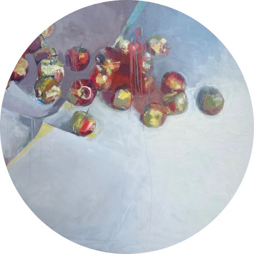 A painting of apples falling in a table brightly lighted