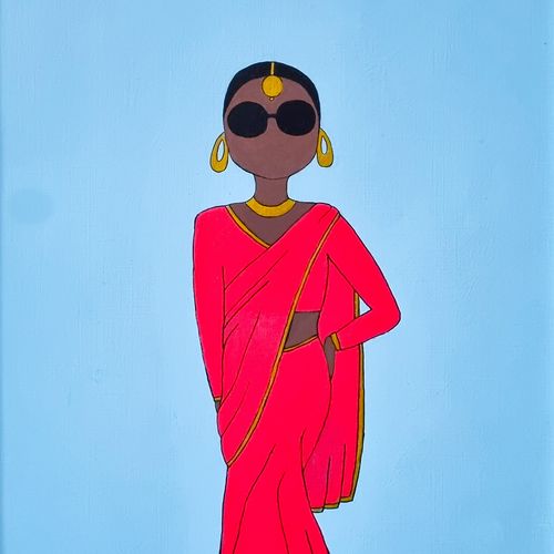 Image Credit: Henna Bakhshi. Painting of a woman in a red Sari with sunglasses on, on a light blue background.