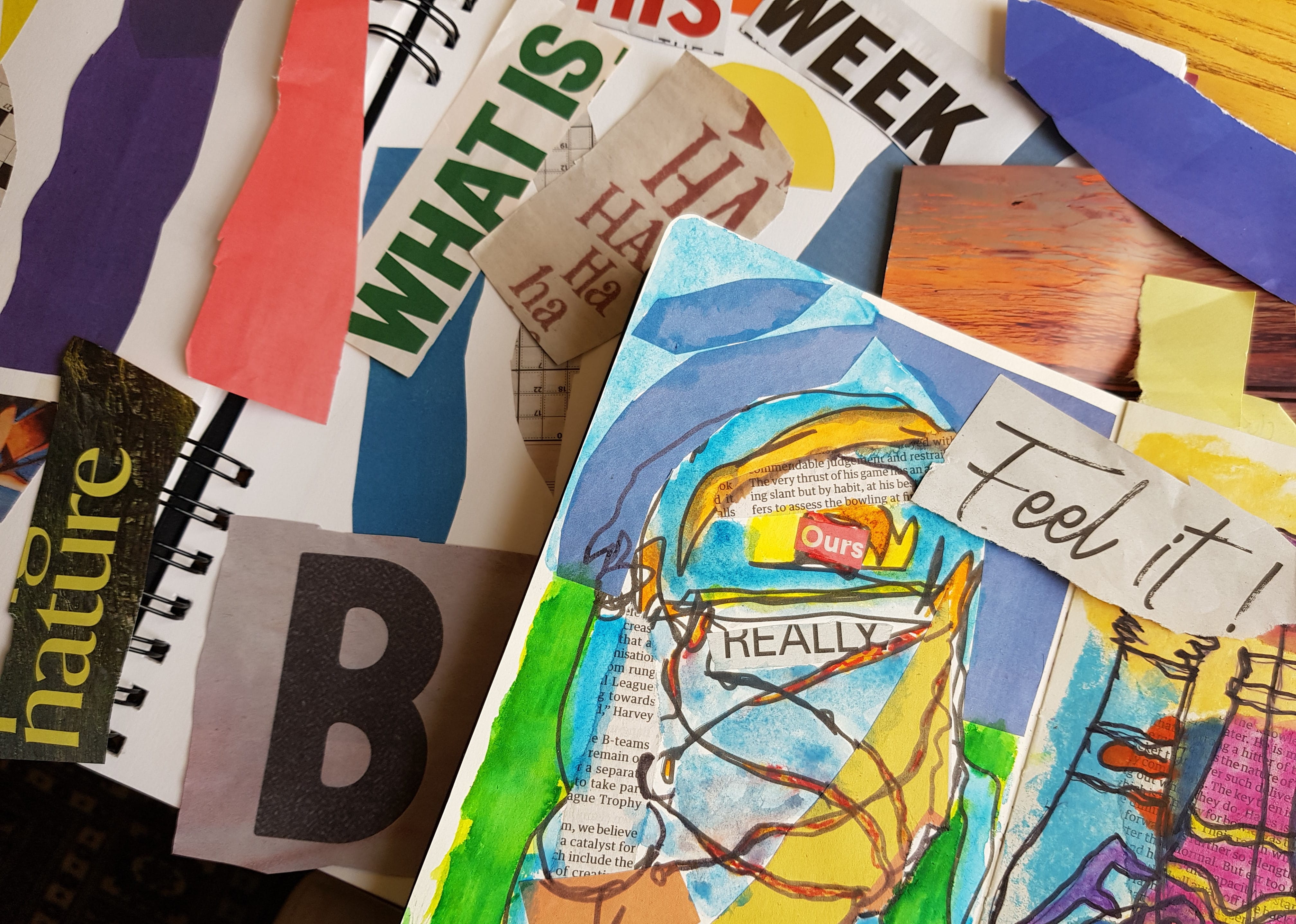 Collaging Faces using Found Materials, Pencil and Pastels