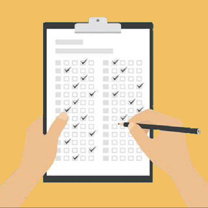 Cartoon sketch of woman's hands filling in a survey form on a clipboard, against a turquoise background.